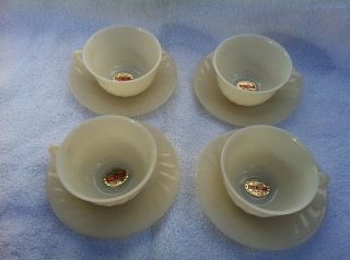 Pc Fire King Ivory Swirl Cups And Saucers in Original Box. Set Of 4 