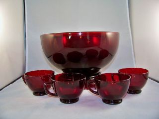 Anchor Hocking Royal Ruby Punch Bowl Stand 4 Cups Vintage Glass Free 