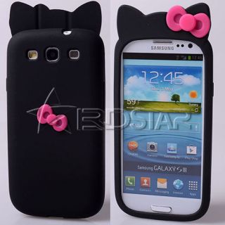 Kitty Bow Silicone BLACK Case Cover New For Samsung Galaxy S 3 SIII 
