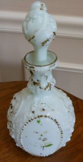 Vintage Milk Glass Hand Painted Large Vanity Dresser Bottle