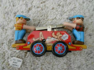 Railway Train Hand Car w/two conductors Tin Litho Wind Up Toy   repro 