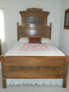 Antique BURL WOOD Walnut Bed & Dresser with Swivel Mirror 1890s 