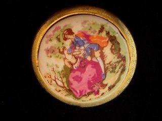   Goldtone Circular Porcelain Courting Couple Fragonard Printed BROOCH