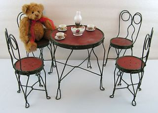 Antique Vintage Doll Metal Wood Ice cream Parlor Table Chairs Set (D)