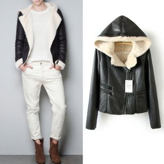 New womens casual fashion hooded sherpa zipper warm PU leather jacket 