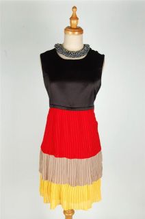 AUTH Jonathan Saunders Color Block Pleated Silk Dress Red Black Beige 