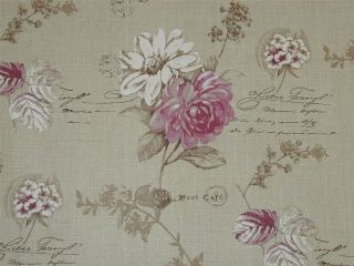 Designer Curtain Fabric French Floral Script Cerise Pink Linen by the 