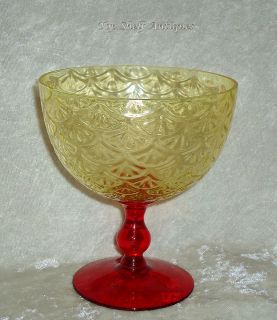 TS Antique Pukeberg Royal Fan Vaseline and Ruby Texas Sized Wine Glass 