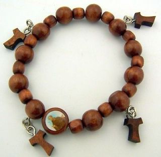   Brown Wood Bead Patron Saint Francis Tau Cross Adjustable Bracelet