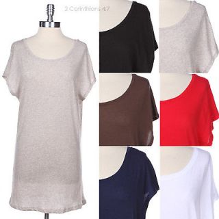 Casual Solid Plain Short Sleeve Long Tunic Cotton Top Wide Round Neck 