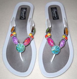 GRANDCO DRESSY Beach Pool THONG BLING White Frosted JEWELED Sandals 