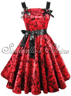   Bright Red ~TaTToo FLoCKeD~Satin 50s Party Evening Dress XS 4XL 6 20