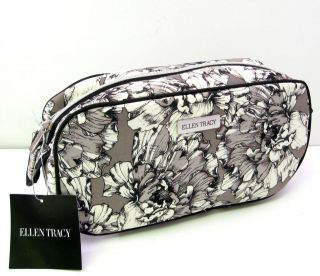 Ellen Tracy Cosmetic Bag Floral Fabric Taupe Grey Black Ivory   NEW