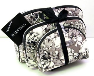 Set / 3 Ellen Tracy Cosmetic Bags Floral Fabric Taupe Grey Black Ivory 