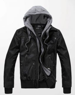 LEATHER JACKET Mens Hooded Jacket Hoody Coat Detachable Cap USA Size 