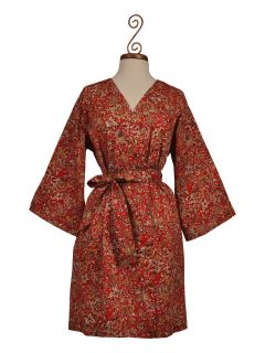 Womens Short Oriental Red Cotton Robe with Kimono Collar  Asian 