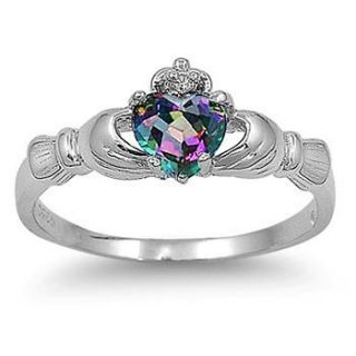 Claddagh Sterling Silver Ring Rainbow with Clear CZ Sizes 4 10