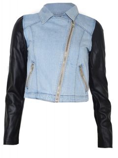 WOMENS ZIP DENIM JACKET WITH PU FUAX LEATHER SLEEVES SIZE 8 10 12 14