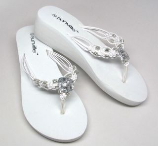 Ladies White Beaded EVA Wedge Thongs Flip Flops Sandals Size 6  11 