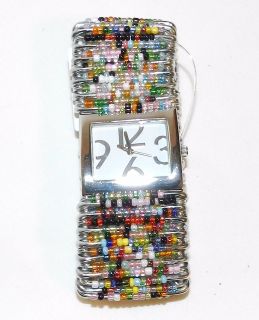 Beaded Safety Pin Stretch Bracelet Wrist Watch Silver Multi Colored w 