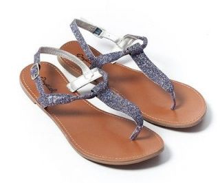 US 7 Blue Glitter Womens T Strap Thong Shoes Flat Sandals Gladiator 