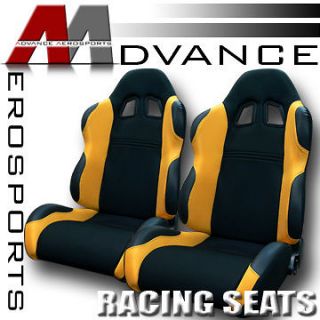   JDM Black/Yellow Fabric & PVC Leather Racing Bucket Seats+Sliders 19