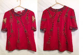 Lawrence Kazar Red Beaded Short Sleeve evening blouse SZ Lg