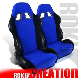 PAIR JDM STYLE BLUE & BLACK RECLINABLE RACING SEAT w/ SLIDER (Fits 
