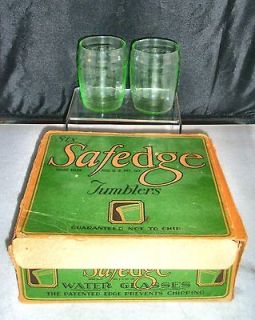 c1920s Original Box Set of SIX Vaseline Green SAFEDGE Tumblers Libbey 