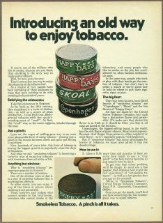   Tobacco 1972 print ad, Happy Days, Skoal, Coppenhagen Chewing Tobacco