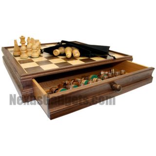   Wood Inlaid Chess Board with Storage Drawers and Wood Chess Pieces