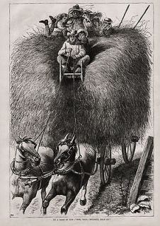   Draft Horses Pull Huge Hay Wagon with Children, 1870s Engraving Print