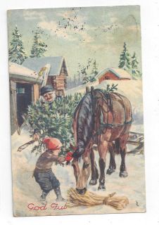 Antique Norwegian Christmas Post Card Boy & Grandpa Bring Home a Tree 