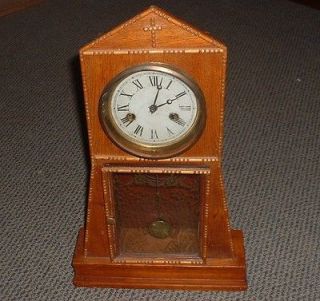 Vintage Antique OAK CLOCK dongs chimes tick tock WIND brass etched 