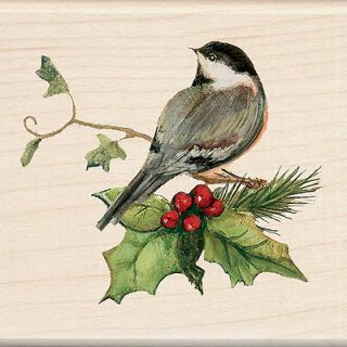 Christmas Chickadee Bird Susan Winget Wood Mounted Rubber Stamp 