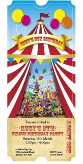 CIRCUS TICKET THEME Personalised party invitations DL size x 12