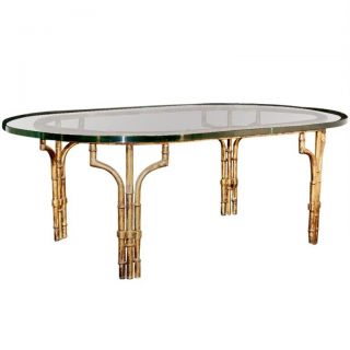   Regency Gold Gilt Metal Faux Bamboo Oval 1 inch Glass Coffee Table
