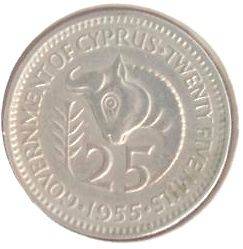   25 MILS 1955 COIN , **UNC** KM#36, Greece Zypern Chypre Cipro Chipre