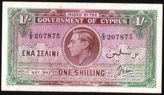   One shilling 01 May 1942 VF+ RARE Greece, Zypern, Chypre, Cipro Chipre