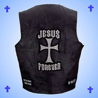 CHRISTIAN THEME  Leather Motorcycle Biker Vest   JESUS FOREVER  Mens 