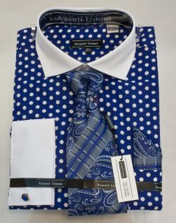 New Avanti Uomo Fashion Dress Shirt Blue/White Polka Dots. DN47M