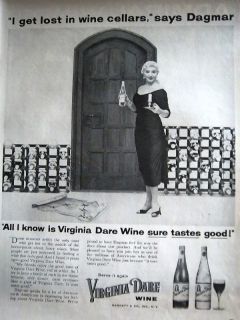 Virginia Dare Lost in Wine Cellars Says Dagmar Ad