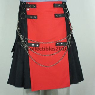 Active Men Black & Red Fashion Utility Modern Kilt W/Chains + Free 