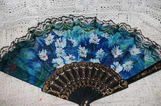   Elegant Spanish Style Hand Fan Fabric Lace Gold Blue White Daisies