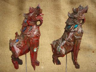 ANITQUE OLD STUNNING PAIR OF SINGHA THAI WOODEN TEMPLE LEO, LION 