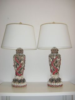   Large Red Coral and Exotic Shell Encrusted Tony Duquette Style Lamps