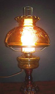 VTG Amber Brown Blown Glass Pedestal Electric or Oil Lamp w Eagle 