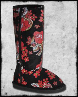   SIESTA SUGAR SKULL BLACK RED DAY OF THE DEAD TATTOO SHERPA FUG BOOTS