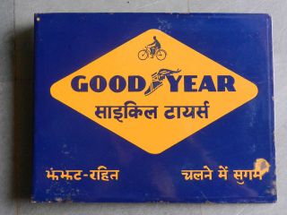 Vintage Goodyear Cycle Tire 2 Sided Flange Porcelain / Enamel Sign 