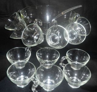 Clear Glass Heavy Punch Bowl w/ 12 Open Handle cupt & Ladle